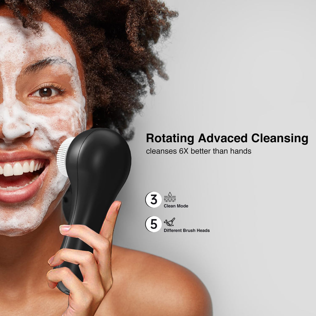 UMICKOO Face Scrubber Exfoliator,Facial Cleansing Brush Rechargeable IPX7 Waterproof with 5 Brush Heads,Electric Face Spin Brush for Exfoliating, Massaging and Deep Cleansing (Black+Gold)