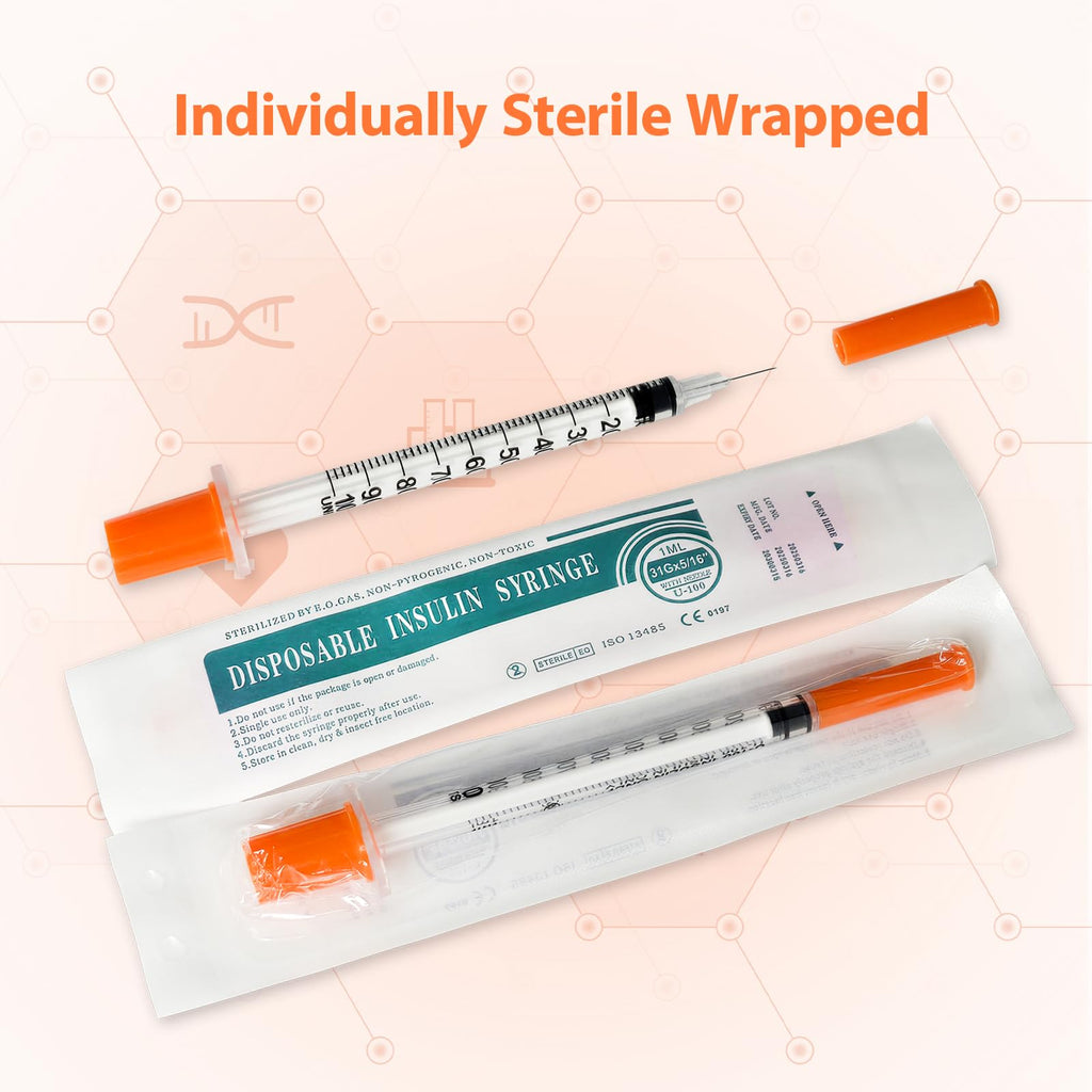 Syringes with Needle, U-100 1ml 31G 5/16" (8mm) Syringe, Pack of 30
