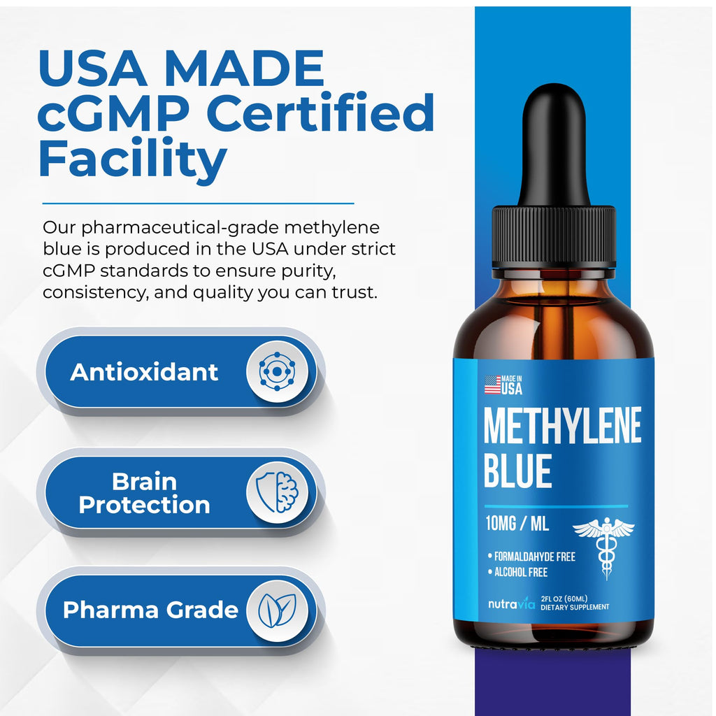 Methylene Blue Drops 1% USP Grade Third Party Lab Tested - USA Made - Formaldehyde Free, Increased Absorption, Blue Methylene Supreme Supplement for Humans, Methane Azul De Metileno Para Humanos (2oz)