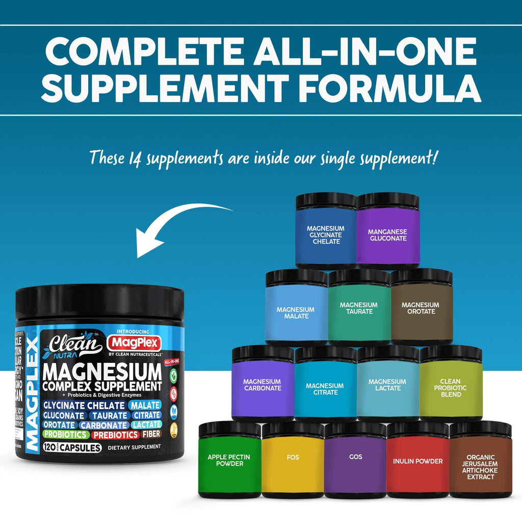 8in1 Magnesium Supplement Complex | Magnesium Glycinate Citrate Malate Gluconate Orotate Carbonate Lactate + Prebiotics Probiotics Digestive Enzymes Magnesio Capsules for Women Men by Clean Nutra