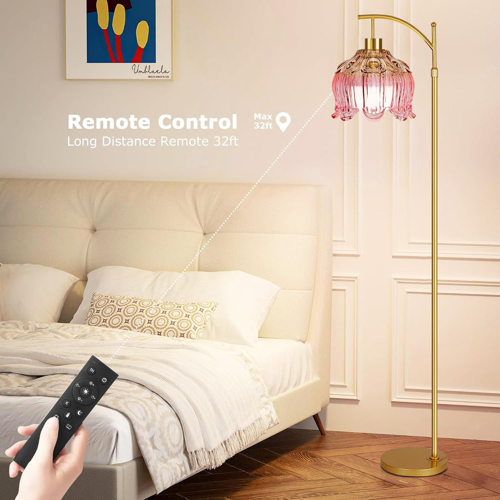 ILLMTW Pink Floor Lamp for Living Room,Bedroom,Glass Mid Century Modern Standing Lamp with Remote,Dimmable Gold Brass Tall Lamp Tulip Flower Arc Floor Light Boho Bohemian