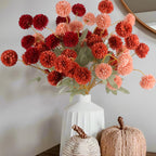 Hananona 12 Pcs Artificial Chrysanthemum Flowers, Orange Kiku Pom Pom Mums Flower Faux Fall Floral for Autumn Halloween Kitchen Table Centerpiece Home Decor (12, Burgundy, Burnt Orange, Deep Peach)