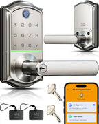 Veise VE019 Fingerprint Smart Lever Lock, App Control, Keyless Entry Door Lock with Handle, Touchscreen Keypad Knob for Front Door and Bedroom, Remote Access Sharing, IP55 Waterproof, Satin Nickel