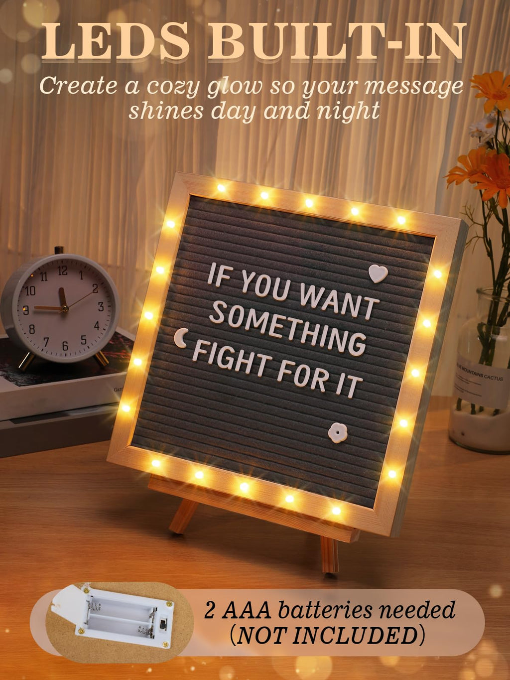 Changeable Felt Letter Board with LED Lights - 10��10" Message Custom Signs & Wood Stand & 450 Letters, Poster Board for Christmas/Pregnancy/Baby Announcement/Classroom Wall Decor Gifts, Grey