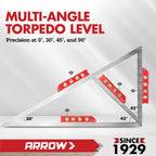 ARROW 8-Inch Torpedo Level, Magnetic Level Tool with 0°/30°/45°/90° Bubbles, Top-view Windows, Aluminium Alloy Frame, Dual Metric and SAE Scales