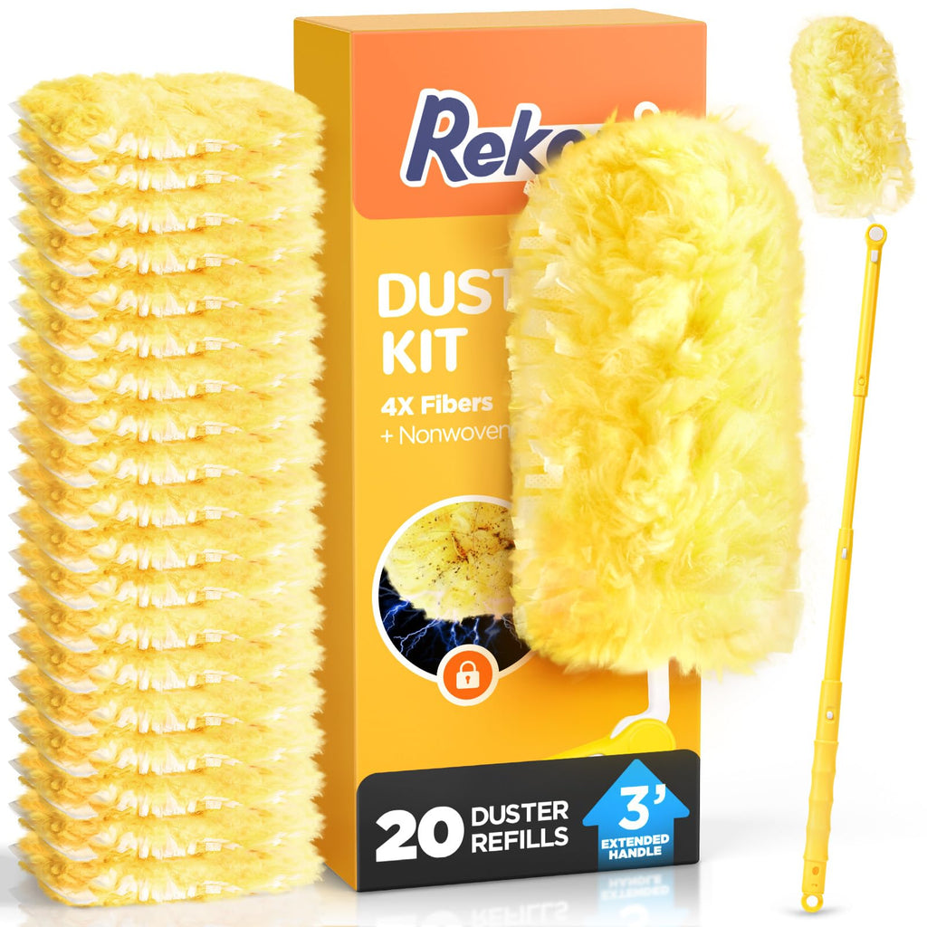 Heavy Duty Duster Refill Kit for Swiffer Duster with 3 ft Extension Pole & 20 Count Refills, 4X Microfibers Multisurface Dusters for Cleaning Home, Celling Fan, Blinds, Vent & Shelves