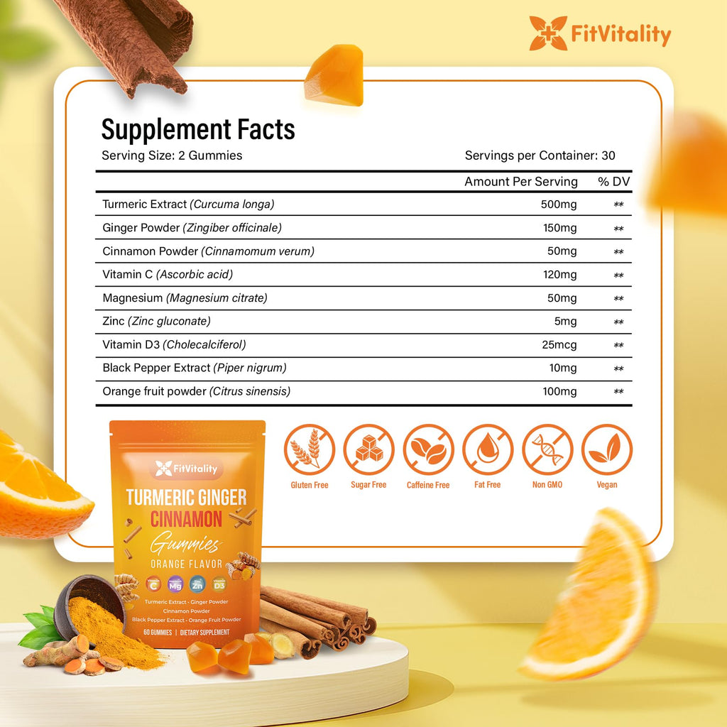 Premium 60 Turmeric Ginger Cinnamon Gummies – with Vitamin E, B12, Magnesium, Black Pepper Extract & Vitamin D3 – Orange Fruit Flavor - Vegan Gummies