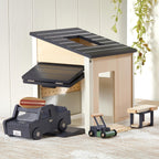 Tiny Land Wooden Dollhouse Garage Toy Set – Realistic Design with Garage, Workbench, Lawn Mower, and SUV Car – Ideal Gift for Kids