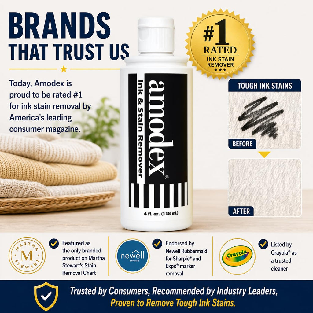 Amodex Ink & Stain Remover for Clothes, Leather and Skin - Removes Ink, Ballpoint, Sharpie, Grease and More, Works on Set-in Stains, Gentle but Powerful, 4oz/120ml Bottle (Pack of 3)
