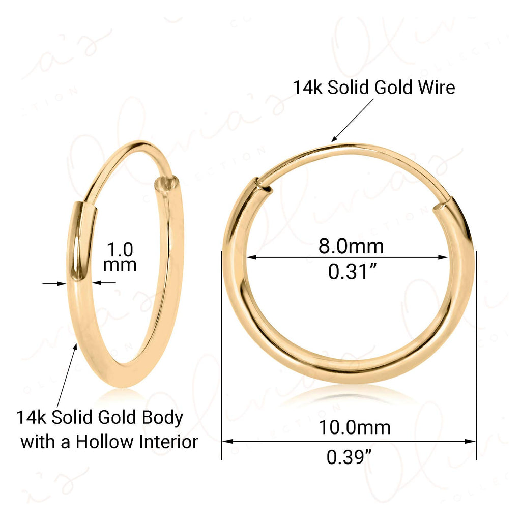 14k Yellow Gold Endless Hoop Earrings 10x1.0mm