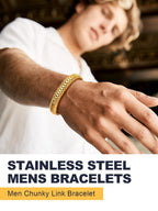 U7 Gold Bracelet for Men，14K Yellow Gold Plated Solid Mens Bracelet 12mm