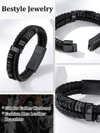 Bestyle Lucky Viking Celtic Bracelet Black Bracelet for Men Double Layer Black Leather Cuff Bracelet, Fashion Punk Retro Men Wristband Leather Bracelet Great Gift for Father Husband, 21cm/8.3 Inch