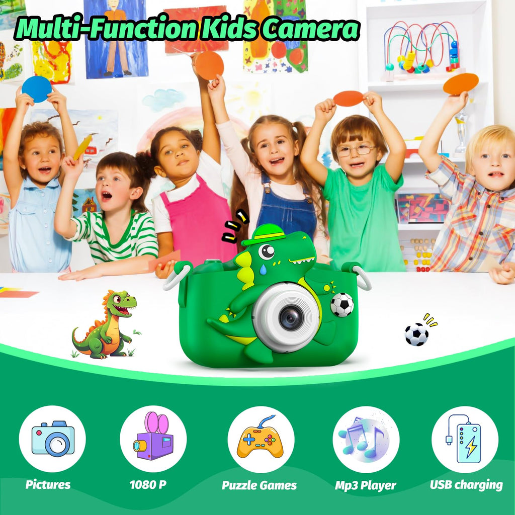Dinosaur Kids Camera for Boys Girls, Toddler Digital Selfie Camera with Cute Protective Cover and SD Card, Christmas Birthday Gifts Toys for 3 4 5 6 7 8 9 10 11 12 Years Old Little Girls and Boys