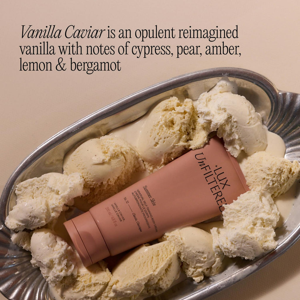 Lux Unfiltered N°32 Summer Skin Gradual Self Tanner, Hydrating Self Tanning Lotion with Shea Butter & Squalane - Non-Sticky, No Transfer, Natural-Looking - Vegan Sunless Tanner - Vanilla Caviar