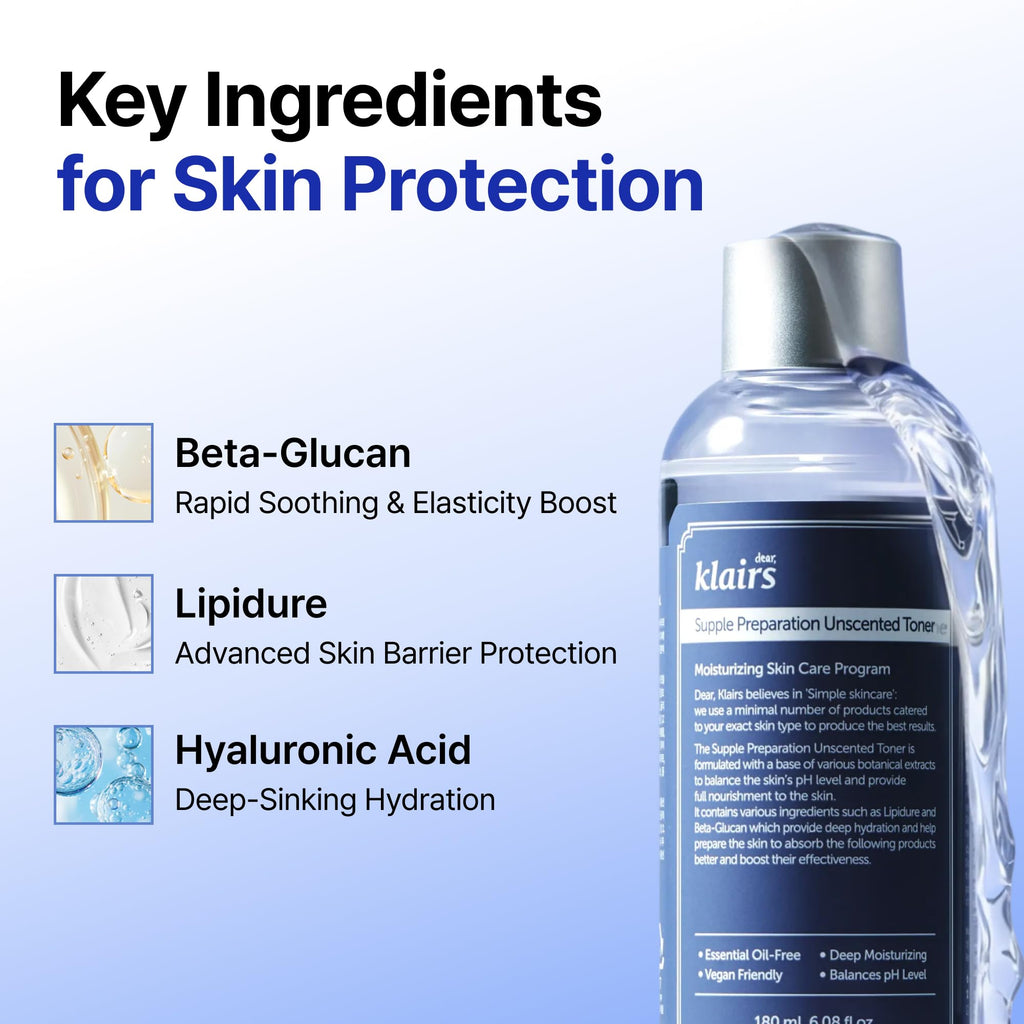 Dear Klairs Unscented Toner | Non-Irritation for Sensitive Skin, Instant Soothing, Skin Flooding & Layering, Hyaluronic Acid, Korean Skin Care, Vegan, Essential Oil Free, 6.08 fl oz