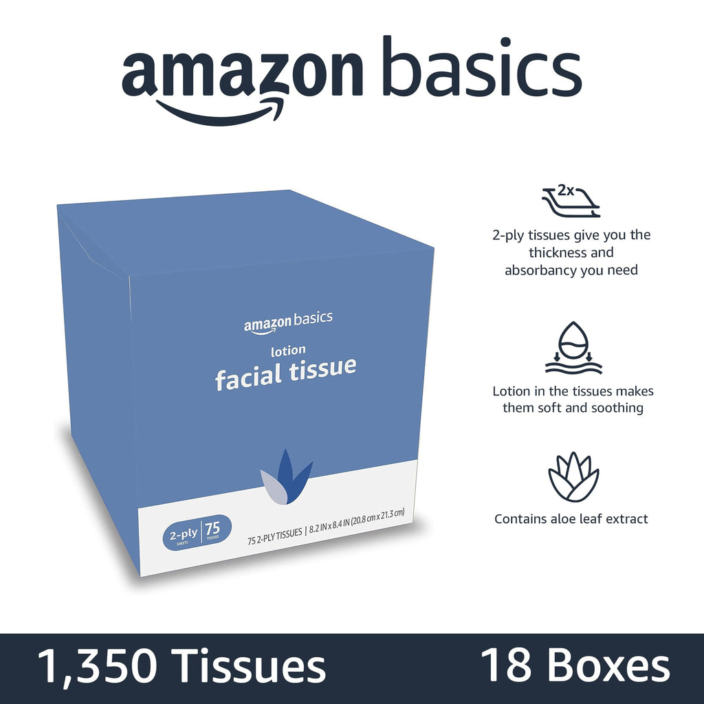 Amazon Basics Facial Tissues with Lotion, 2-Ply, 1350 Count (18 Packs of 75), Cube Box, (Packaging May Vary)