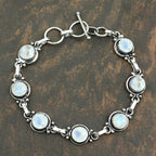 Natural Moonstone 925 Silver Plated Round Gemstone Link Bracelet for Women