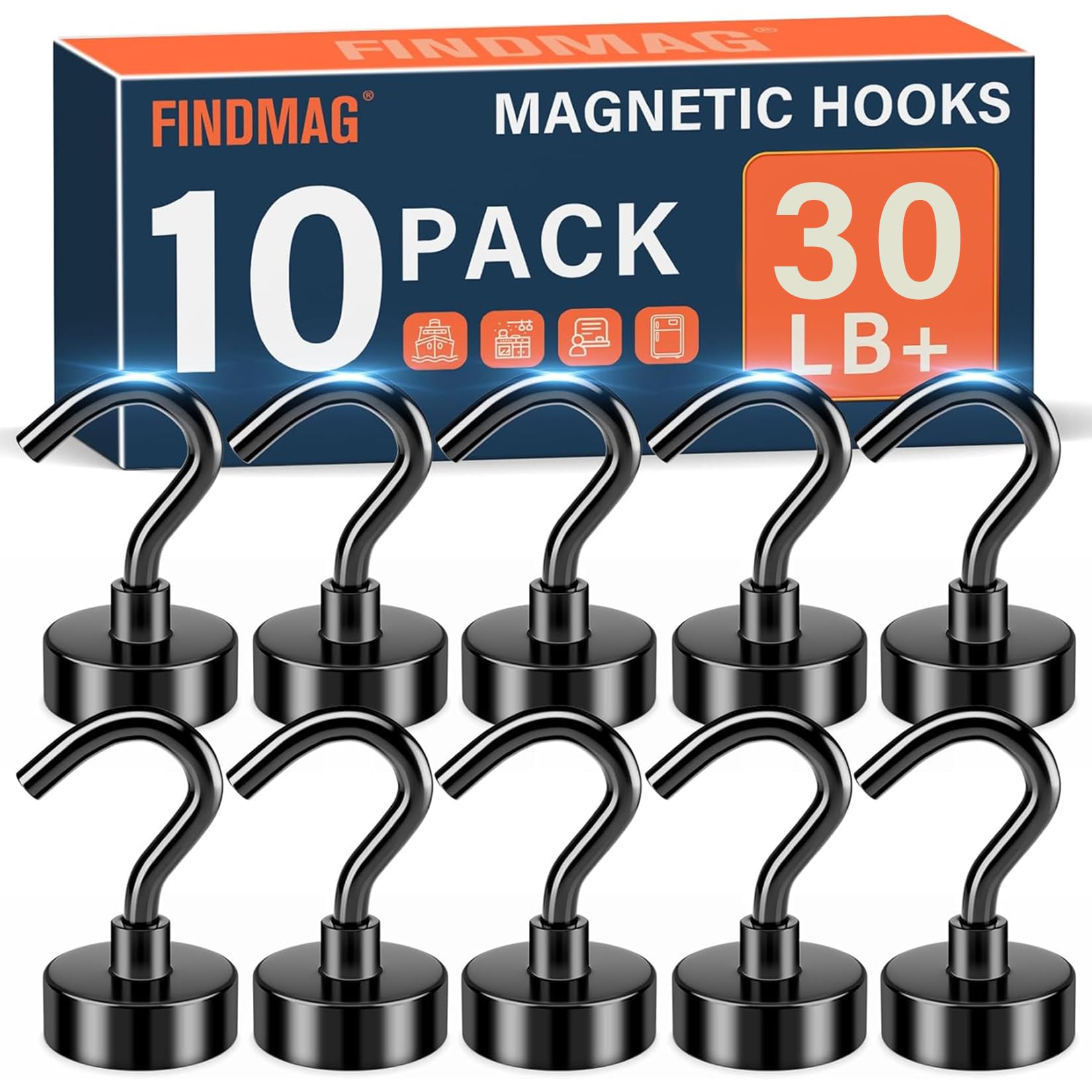 FINDMAG 16 Pack Magnetic Hooks, Black 30 LBS Neodymium Magnet Hooks
