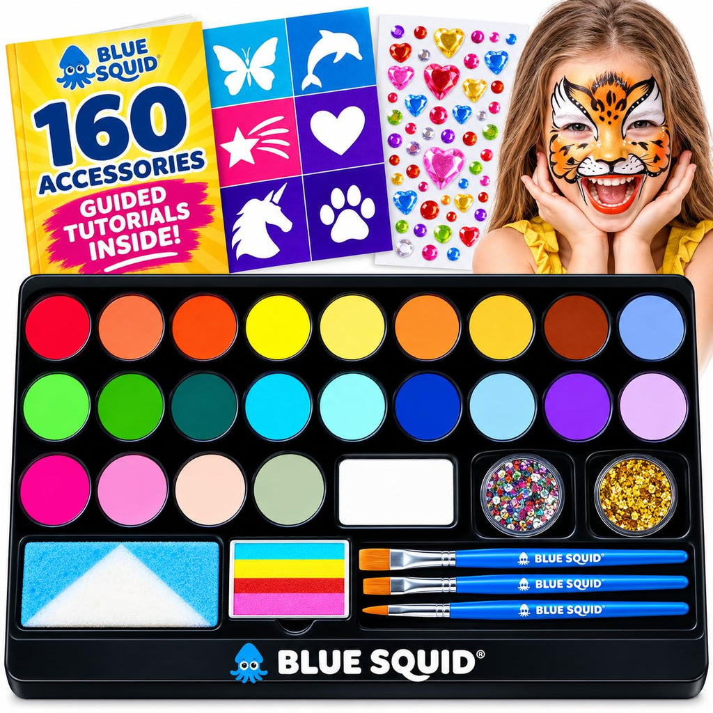 Blue Squid Face Painting Kit for Kids - 28 Color Face Paint Kit Palette with 160pc accessories Stencils, Water Activated Non Toxic Washable Professional Facepaint body set Halloween Party Makeup