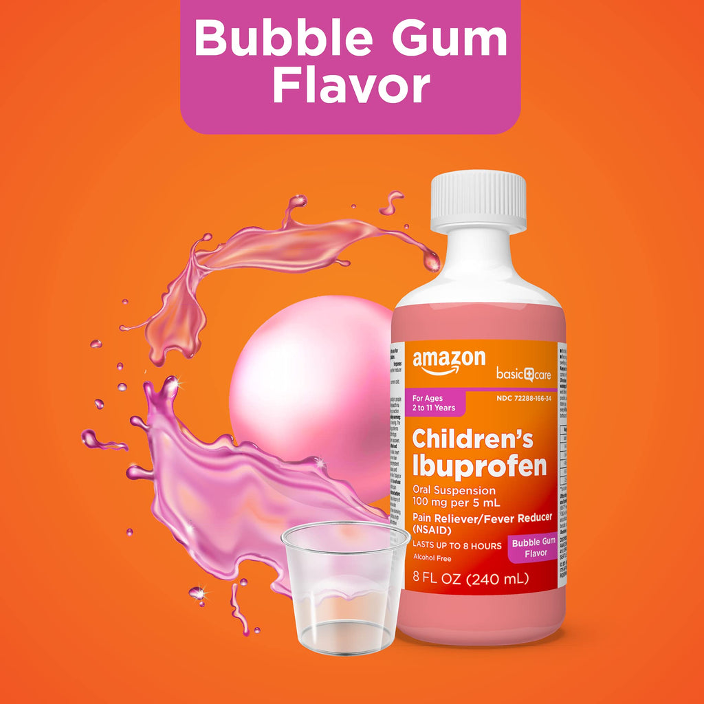 Amazon Basic Care Children's Ibuprofen Oral Suspension 100 mg per 5 mL, Pain Reliever and Fever Reducer (NSAID), BubbleGum, For Minor Aches and Pains, Headache Relief and More, 8 fl oz (Pack of 1)