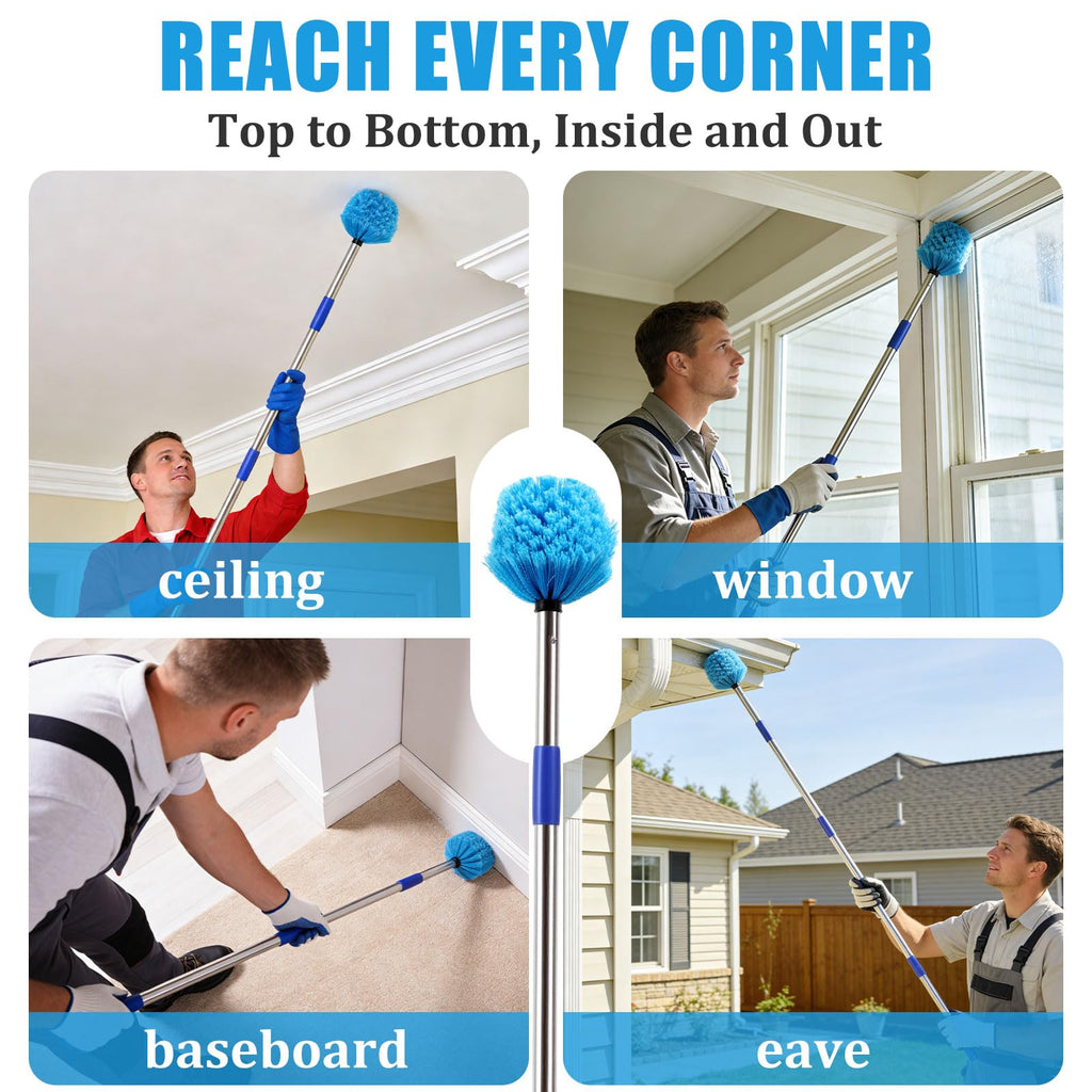 Cobweb Duster with Extension Pole - 4 FT Lightweight Stainless Steel Extendable Duster Ceiling Fan Duster for High Ceilings, Medium Stiff PET Bristle Spider Web Brush for Indoor/Outdoor Cleaning