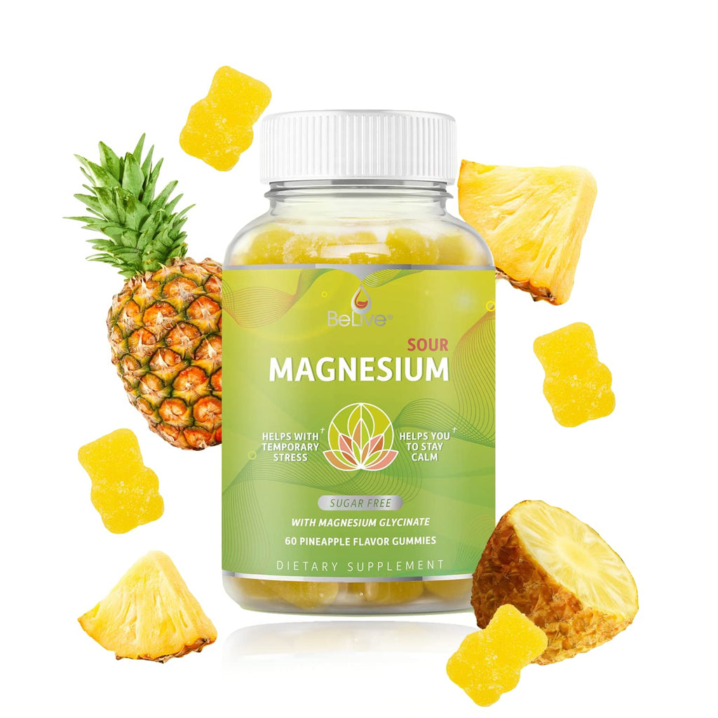 BeLive Magnesium Glycinate Gummies 200 mg - Sugar Free Supplement for Muscle Relaxation, Sleep Support, & Heart Health for Adults & Kids - Pineapple Flavor - 5 Pack, 300 Count