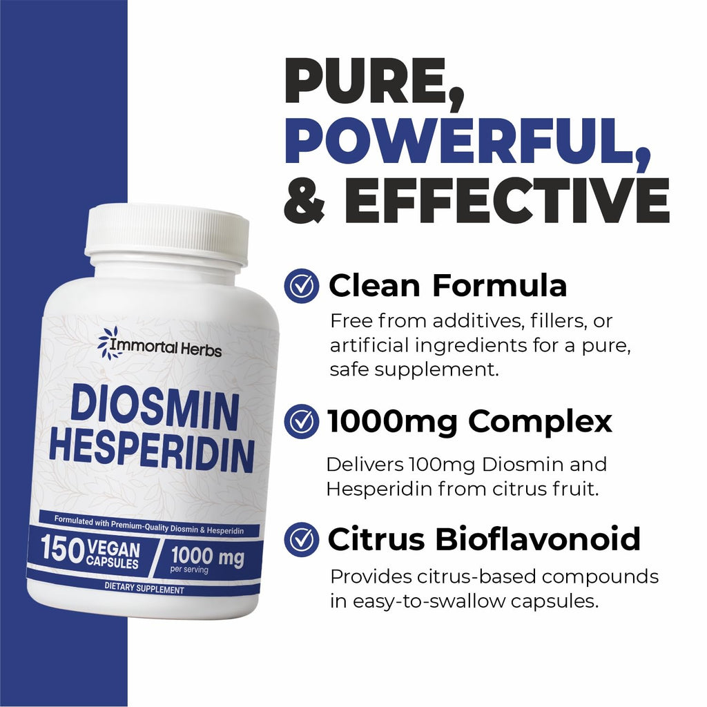 Immortal Herbs Diosmin Hesperidin 1000mg Complex, 150 Capsules, Citrus Bioflavonoids Rich Fruit Extract, 100% Vegetarian, Non-GMO & Gluten Free Diosmin Supplement with Max Strength