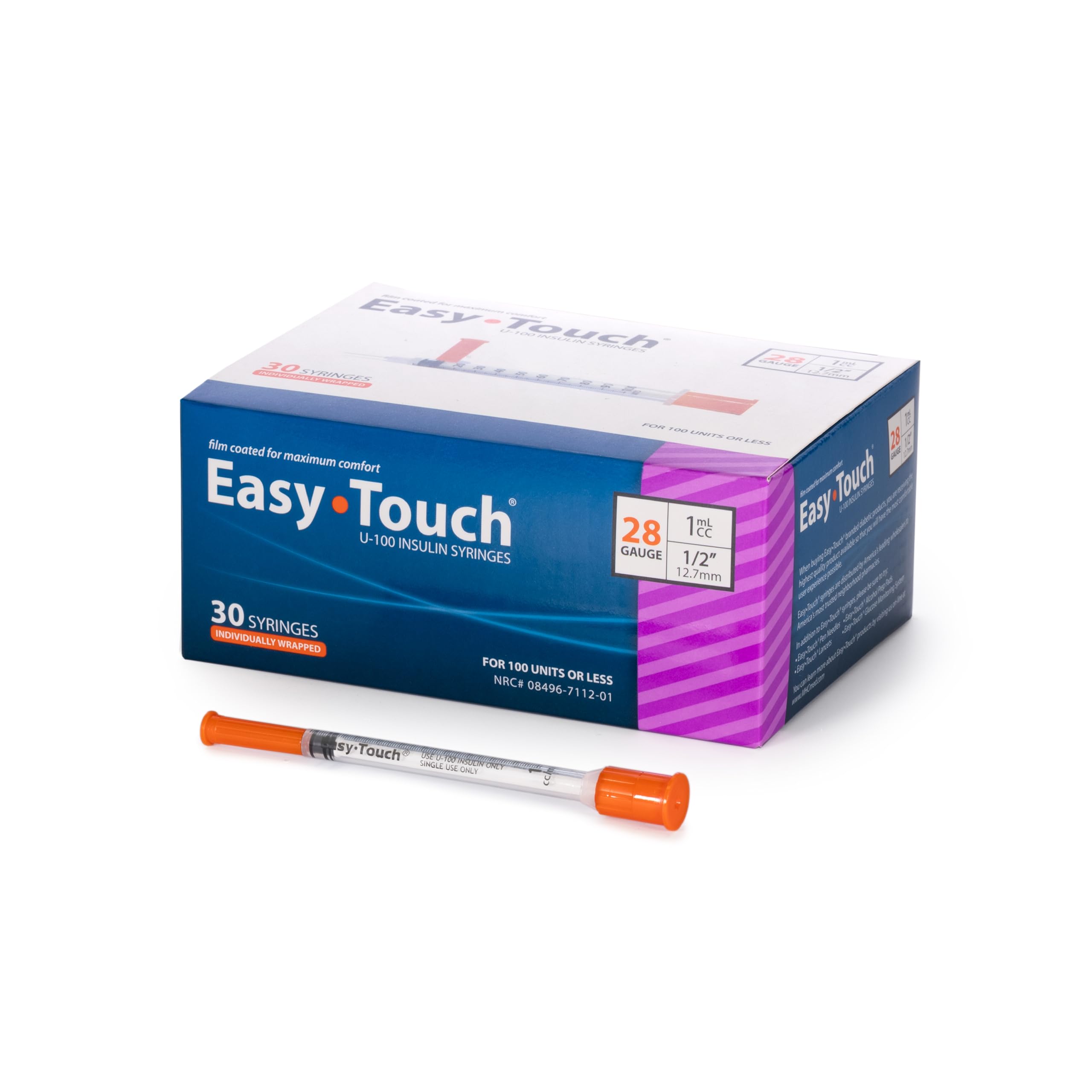 EasyTouch IW U-100 Insulin Syringes (28G 1.0cc 1/2") - 30 ct.