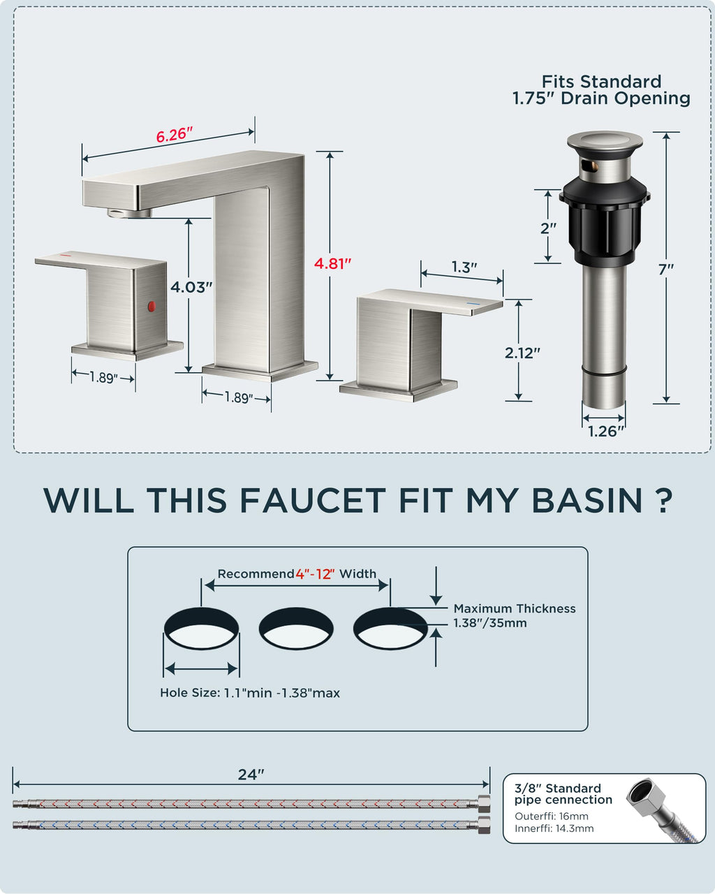 FORIOUS Brushed Nickel Bathroom Faucets 3 Hole, Stainless Steel 2 Handle Square 8 in Widespread Bathroom Sink Faucet Silver with Metal Pop up Drain, CUPC Water Hoses