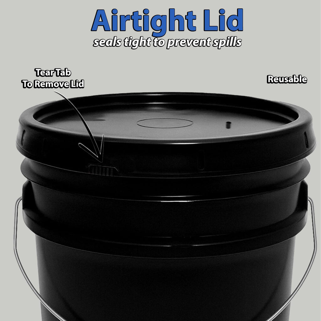 MKS Plastics 5-Gallon Bucket with Airtight Lid – Made in USA, Food Grade BPA Free Plastic, Heavy Duty Multi-Use, Metal Handle with Grip, Stackable Storage – Black, 6 Pack