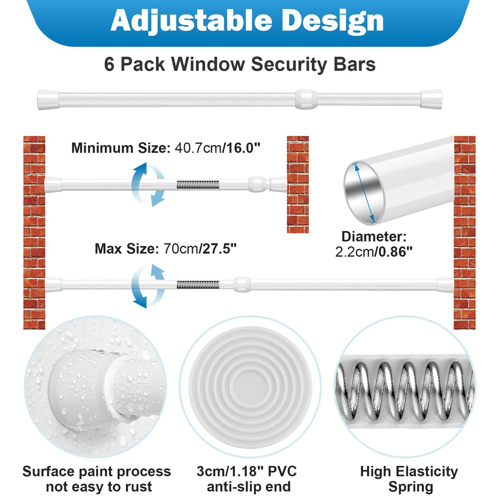 Artoshin 6 Pack Window Security Bar Adjustable Sliding Lock Security Stick for Rubber Tips, Adjustable Sliding Glass Door Lock Bars 15.7''-27.5'' Window Safety Lock Bar (16" to 28"-6Pcs)