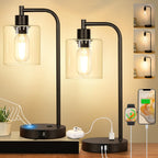 Set of 2 Industrial Touch Control Table Lamps with USB C+A Ports and AC Outlet - 3-Way Dimmable Black Bedside Lamps Nightstand Desk Lamps for Bedroom Living Room, Glass Shade & 2 LED Bulbs Included
