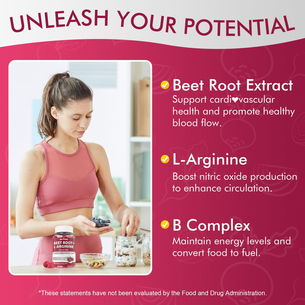 Beet Root Gummies, Beetroot & L-Arginine, Red Beets Supplements w/ Vitamin B1, B2, B3, B5, B6, Folate, B12 for Energy Boost & Circulation Support, Sugar Free Nitric Oxide Gummies, 60 Beet Chews