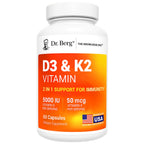Dr. Berg Maximum Strength 2-in-1 Vitamin D3 K2 5000 IU | Naturally Derived D3 | 4X Lab-Tested & Verified | High Absorption Formula | K2 D3 Vitamin Supplement - 60 Capsules