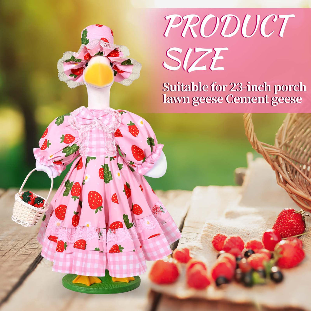 Strawberry Porch Goose Outfits Summer Lolita Goose Outfit Cute Lawn Goose Clothes with Hat Basket Strawberry Geese Accessories Fits 23" Cement Plastic Goose Statue for Outdoor Garden Yard Patio Decor