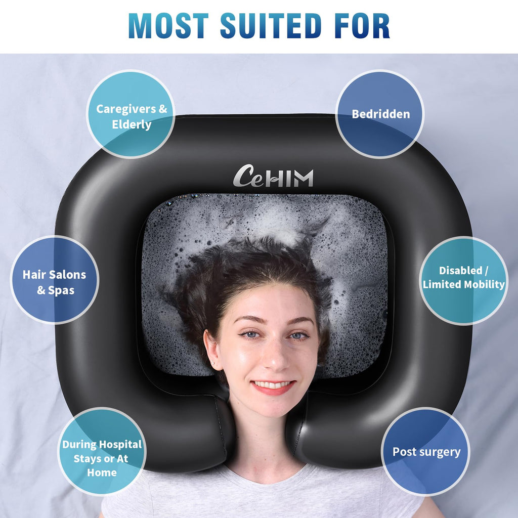 Cehim Inflatable Shampoo Basin - Portable Shampoo Bowl, Hair Washing Basin for Bedridden, Disabled,Injured, Hair Wash Tub for Dreadlocks and at Home Sink Washing (Black, 15in Inner)