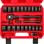 1/2" Drive Socket Wrench Set: 25-Piece SAE & Metric Impact Socket Ratchet Wrench Tool Set Socket Assortment with Storage Box for Repair Mechanic Garage