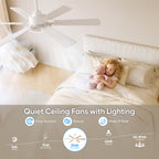 52 Inch Ceiling Fans with Lights, 6 Double Sided Blades, Ultra Quiet Reversible DC Motor, Remote & APP Control, 6 Speeds, 3CCT Dimmable LED with Memory Function, Downrod Mount for Living Room, White
