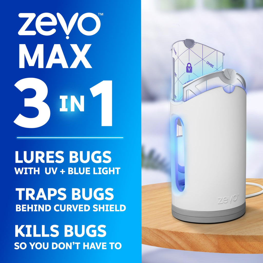 Zevo MAX Bug Catcher & Fly Trap for Indoors - Flying Insect Trap for Gnats, House & Fruit Flies - Use in Any Room - No-Mess Disposal (2 Plug in Bases & 3 Cartridges)