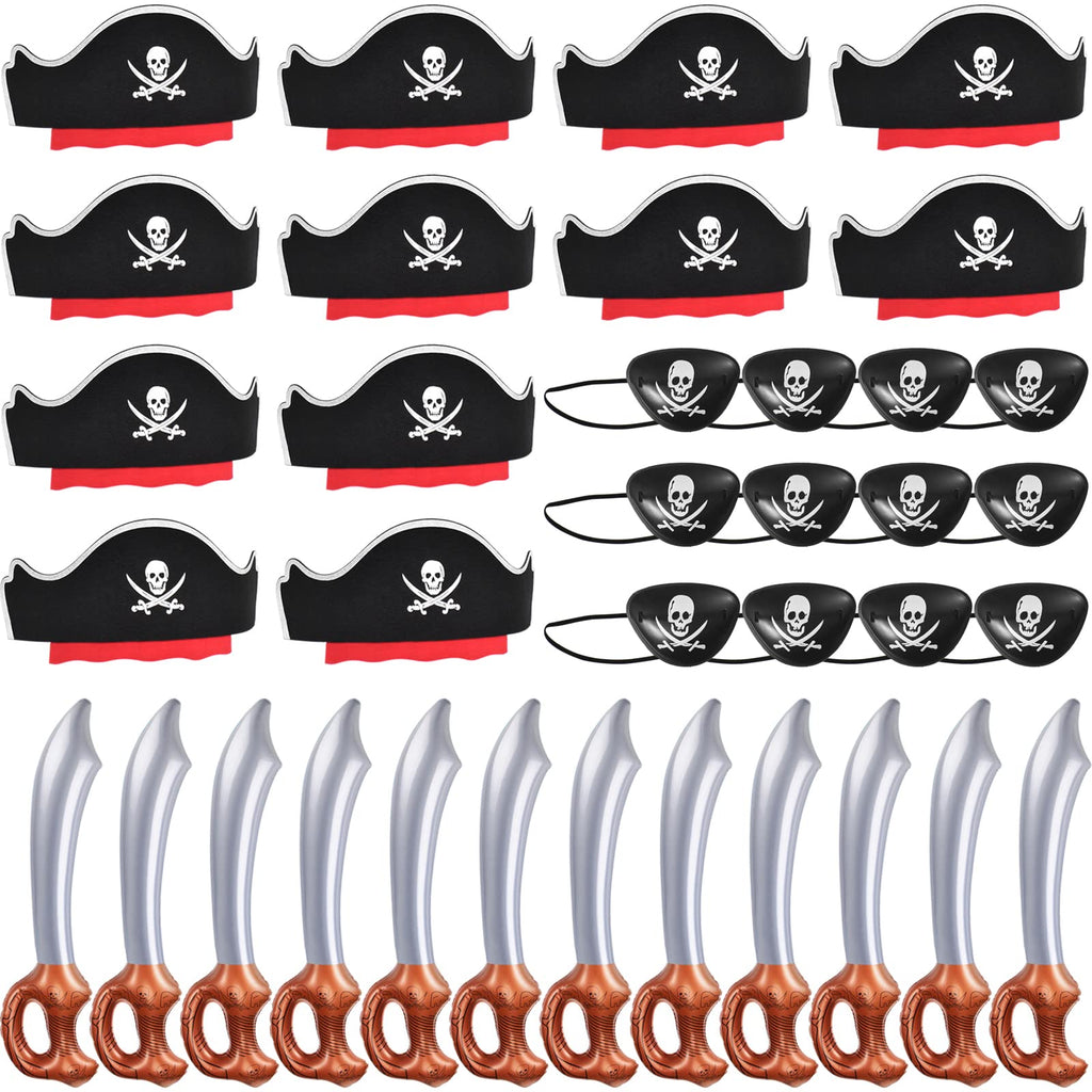 ZeeDix 36Pcs Pirate Accessories for Kids, 12 Hats 12 Patches 12 Swords Set