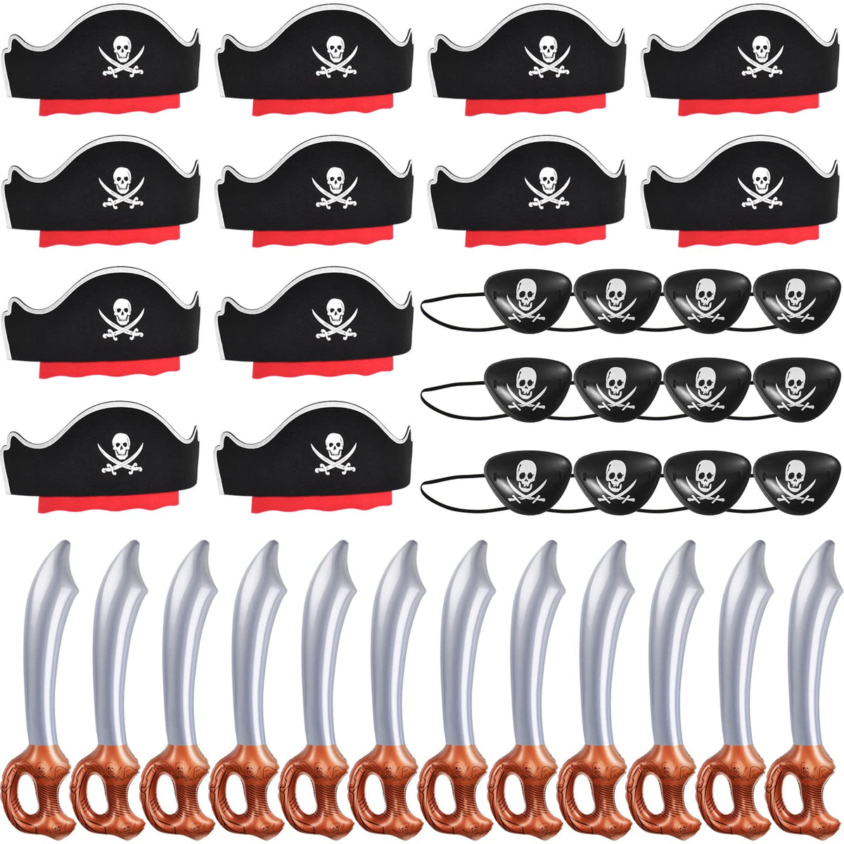 ZeeDix 36Pcs Pirate Accessories for Kids, 12 Hats 12 Patches 12 Swords Set