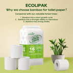 ECOLipak Bamboo Toilet Paper, Septic Safe Toilet Tissue, 16 Double Rolls, 320 Sheets Per Roll, Tree Free, Non Toxic, 2 Ply, Soft and Absorbent, Eco Friendly Dye-Free Paper