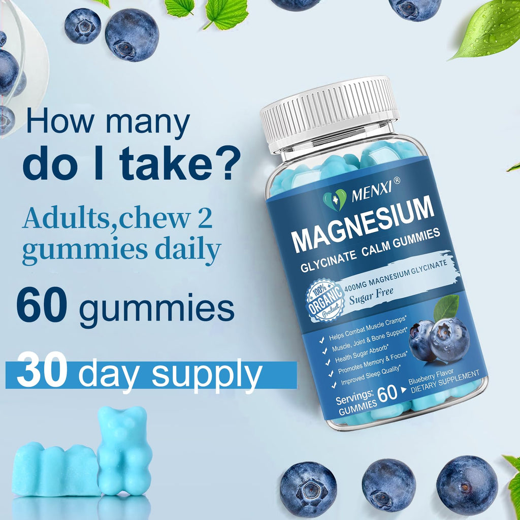Magnesium Gummies 600mg per Serving-Magnesium Glycinate 400mg and Magnesium Malate 200mg,Sugar Free Magnesium Potassium Supplement for Calm Mood, Muscle, Bone & Sleep Support,60 Blueberry Gummies