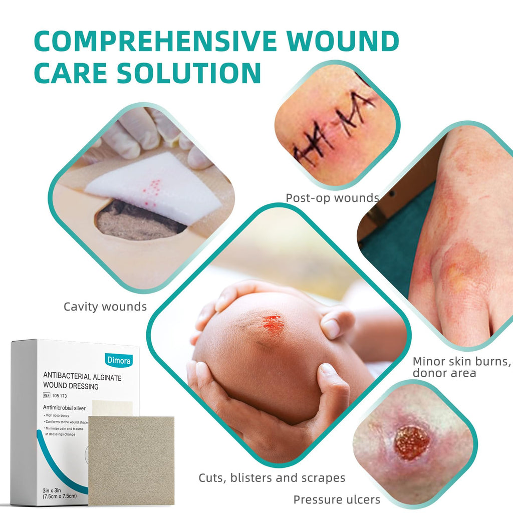 Dimora Upgrade Silver Calcium Alginate Wound Dressing -Antibacterial Non Stick Gauze for Wounds Care, Highly Absorbent Sterile Bandage Pads with Ag, 2'' x 2'' Patches 12 Packs Individual