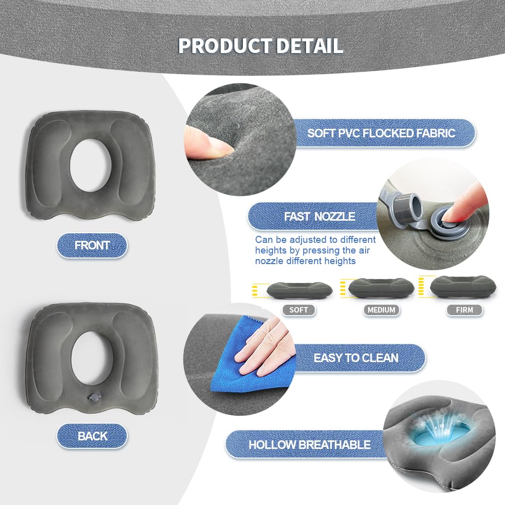 Nevife Inflatable donut cushion for Tailbone Pain Relief-Orthopedic Hemorrhoid & Sciatica Seat Cushion-Coccyx Cushion for Postpartum Pregnancy,Office Chair,Car,Wheelchair&Post-Surgical Recovery (Gray)