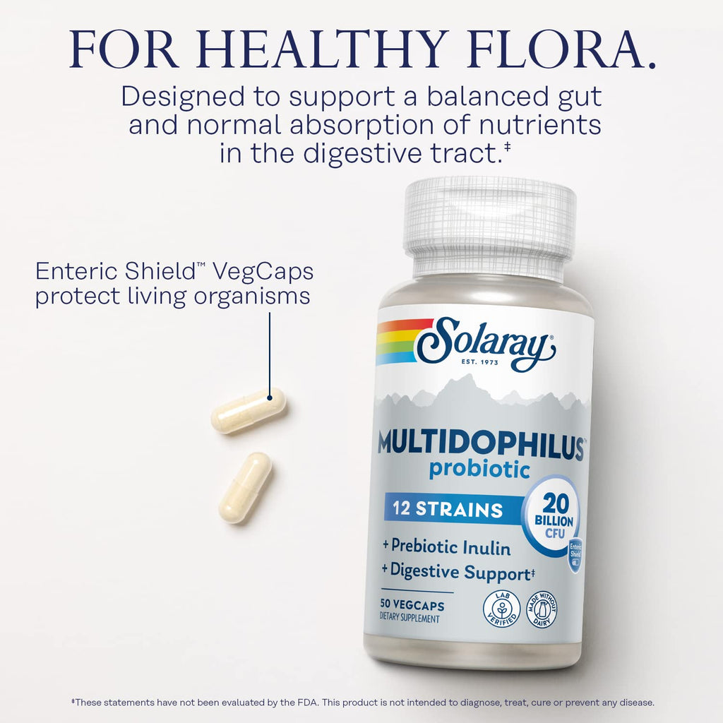 SOLARAY Multidophilus 12 Strain Probiotic 20 Billion CFU, Probiotics for Digestive Health and Gut Health Support w/Prebiotic Inulin, Made Without Dairy, 60 Day Guarantee, 25 Serv, 50 Enteric VegCaps