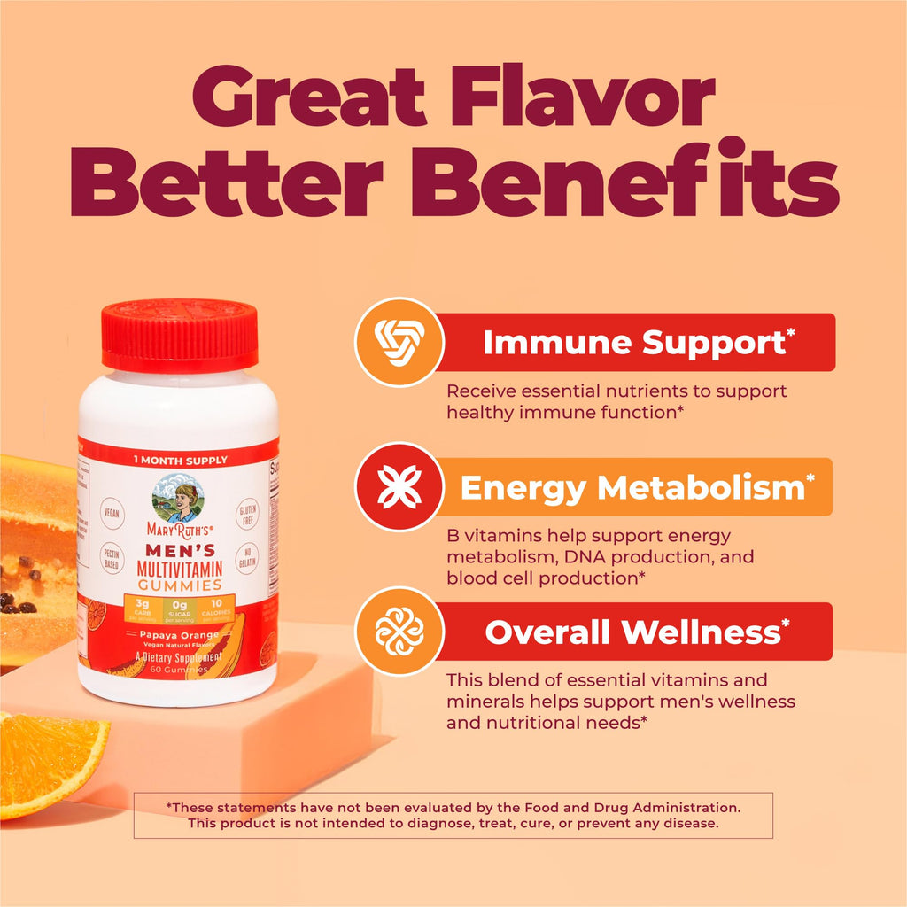 MARYRUTH'S Multivitamin Gummies for Men | Vitamin A, C, D, E, B6, B12, Biotin, Zinc | Energy Metabolism | Immunity | Bone Health | Cellular Health | Vegan | Non-GMO | Gluten & Sugar Free | 60 Count