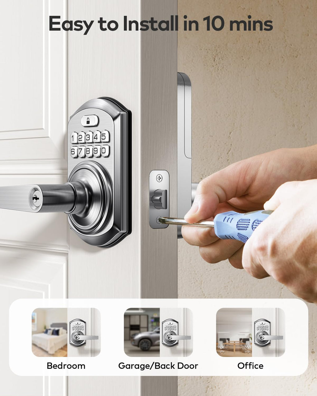 TEEHO TE004 Keyless Entry Keypad Door Lock with Handle - Smart Digital Electronic Lock for Interior Door with Anti-Peeping, Auto Lock & Passage Mode - Easy Installation - Satin Nickel