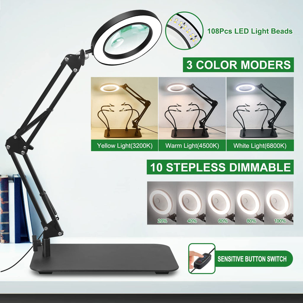 Magnifying Glass with Light and Stand, Flexible Magnetic Helping Hand, 5X&10X 12V 108pcs LED Beads Magnifying Lamp, 3 Modes Adjustable Swivel Gooseneck Arms & Heavy Duty Base Plate