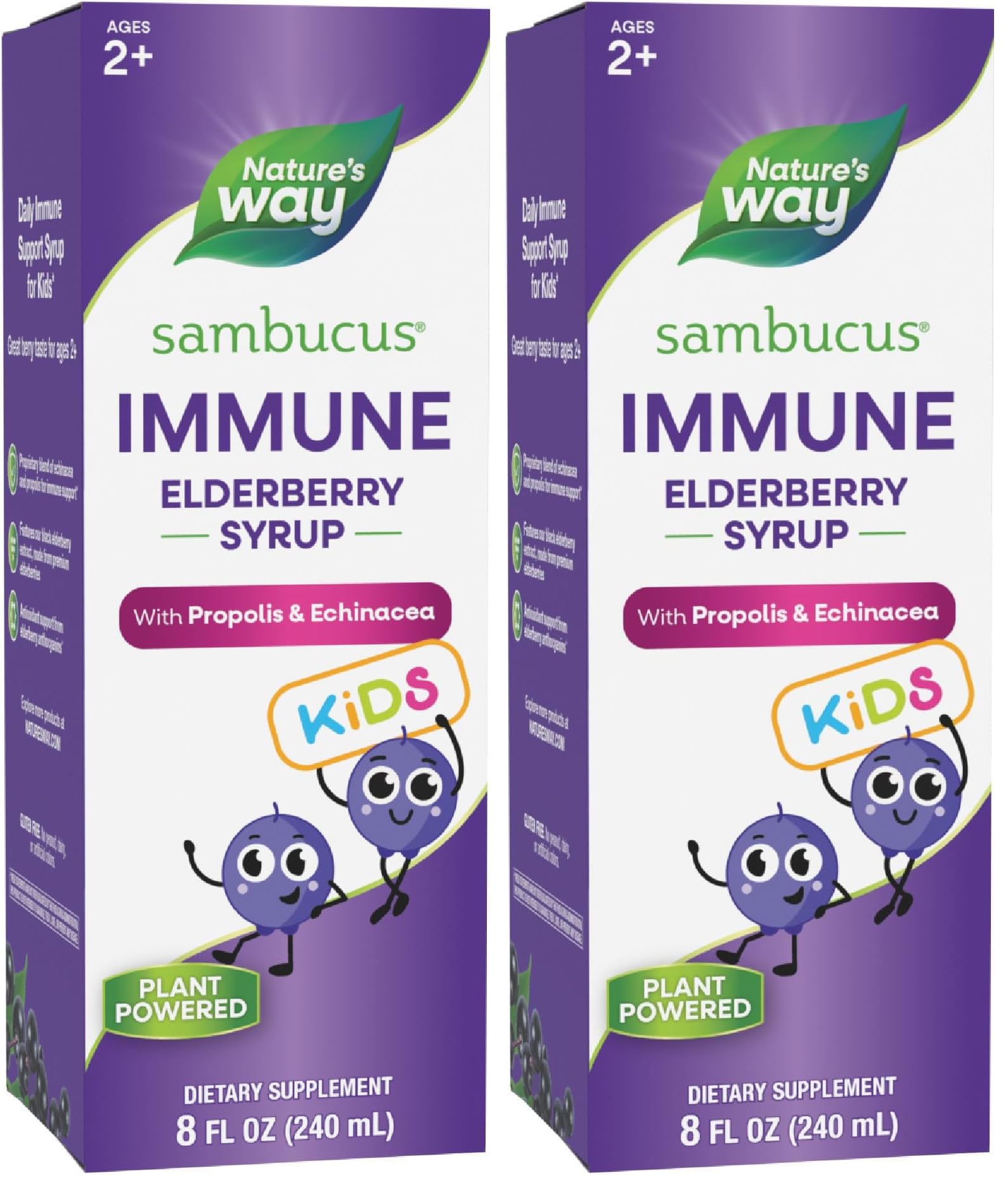 Nature's Way Sambucus Elderberry Immune Syrup for Kids Ages 2+,Echinacea & Propolis,with Superfood Antioxidants(1),Immune Support Syrup*,Vegetarian,Berry Flavored,8 Fl Oz,(Pack of 2)